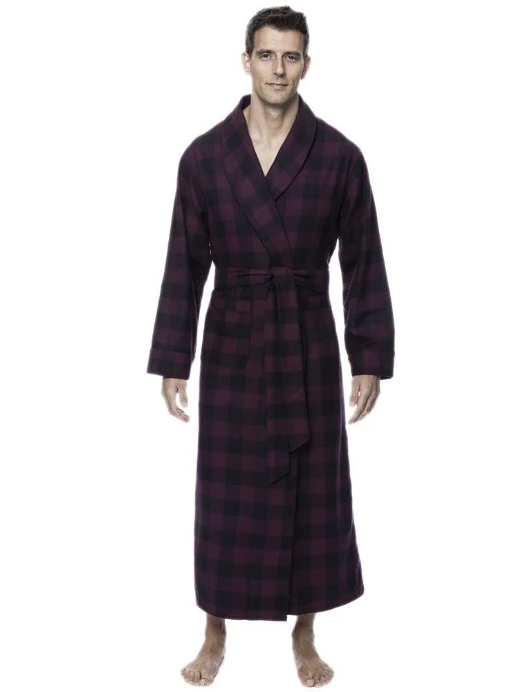 Mens Robe - 100% Cotton Flannel Robe - Gingham Fig/Black