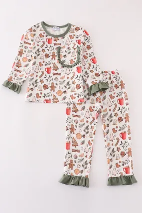 Merry christmas print girl ruffle pajamas set