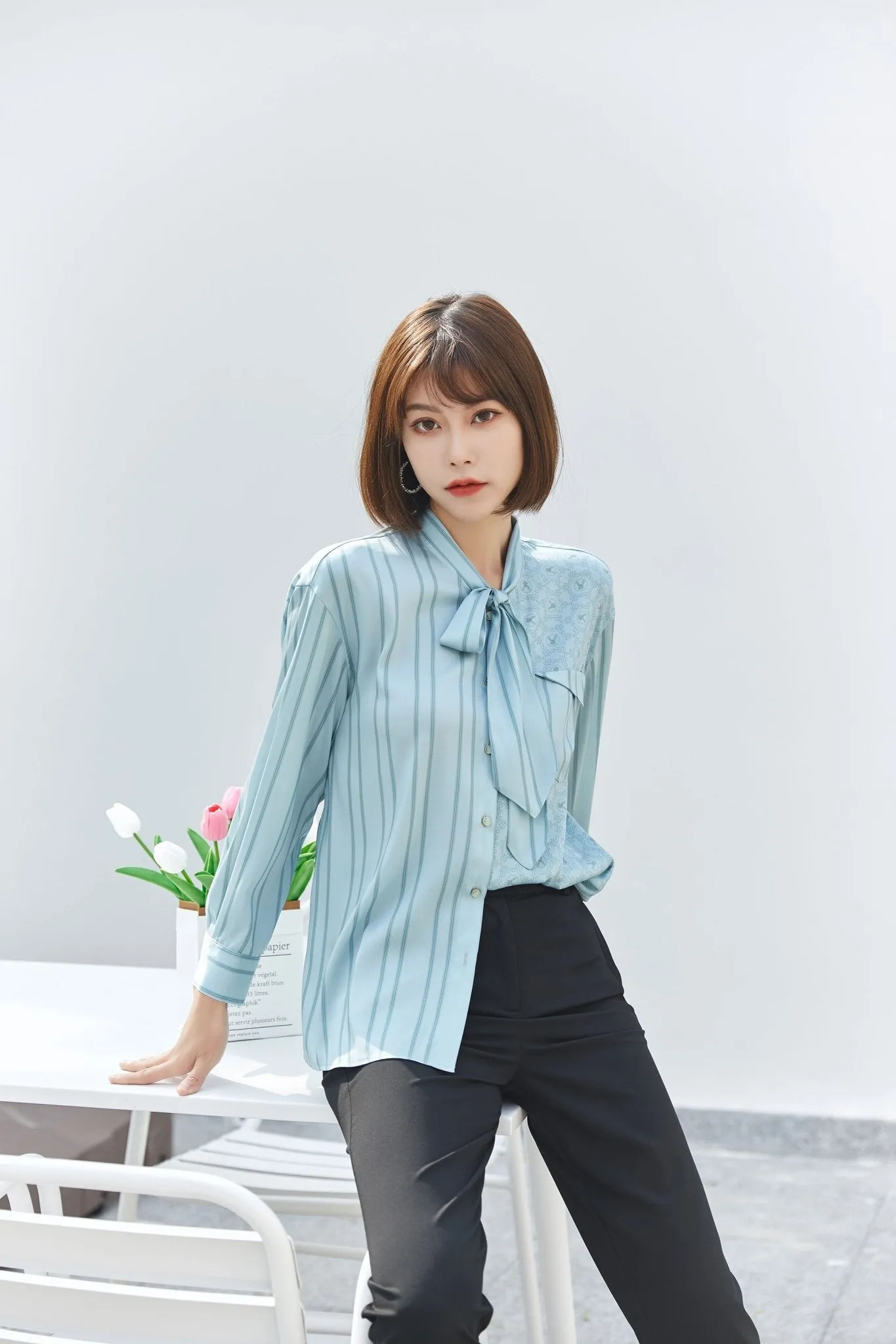 Pale Blue Striped Bow Tie Blouses