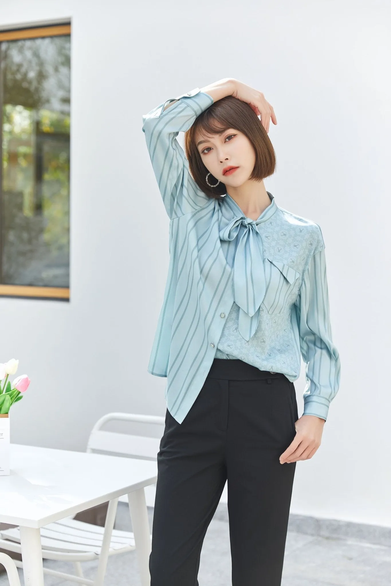 Pale Blue Striped Bow Tie Blouses