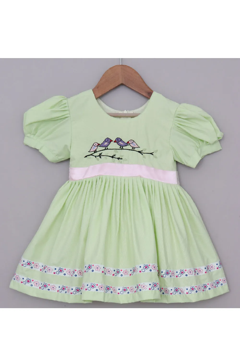 Pastel Green Hand Embroidered Bird Dress