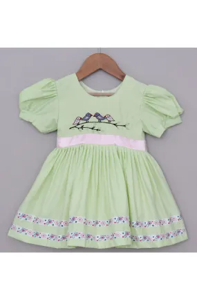 Pastel Green Hand Embroidered Bird Dress