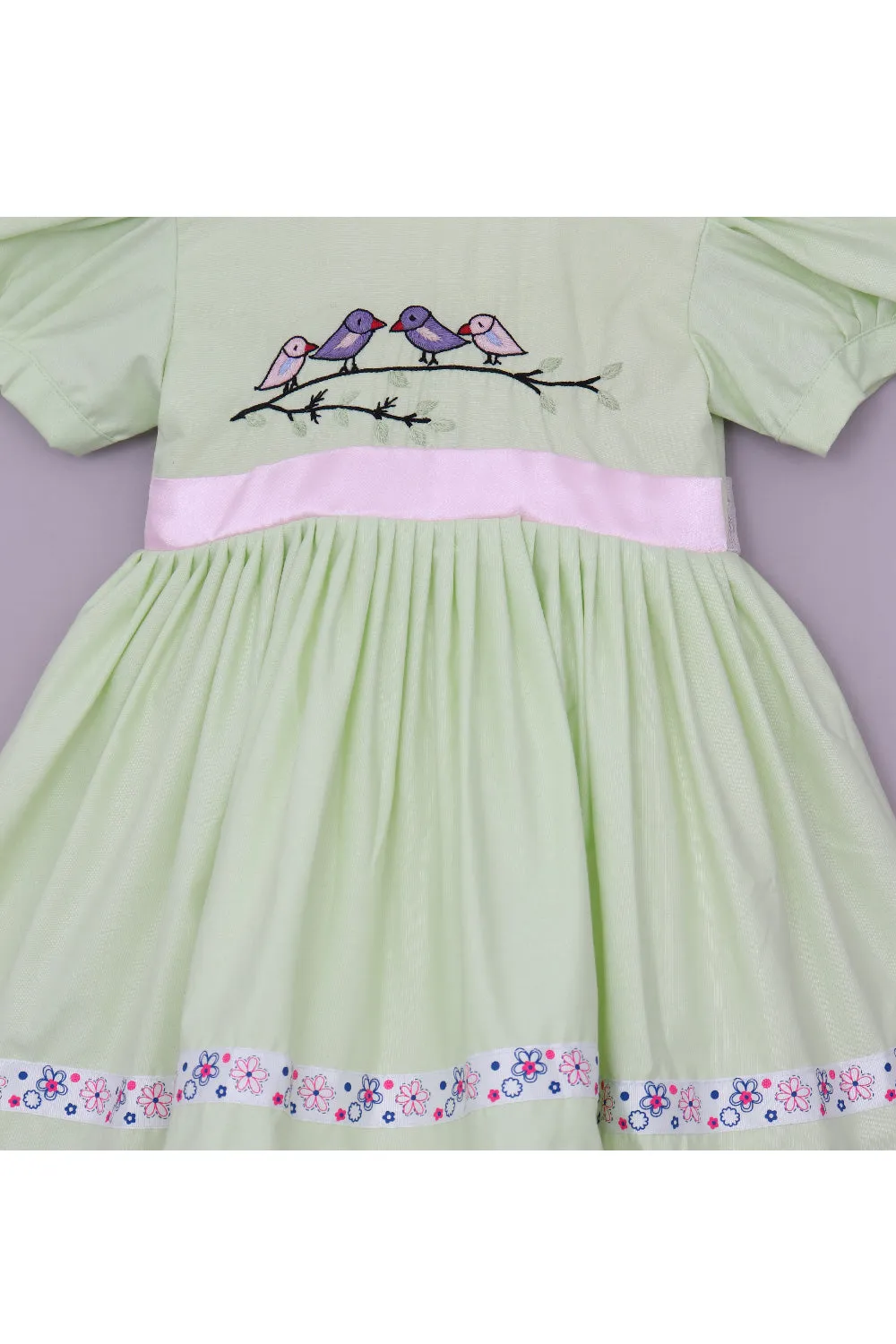 Pastel Green Hand Embroidered Bird Dress