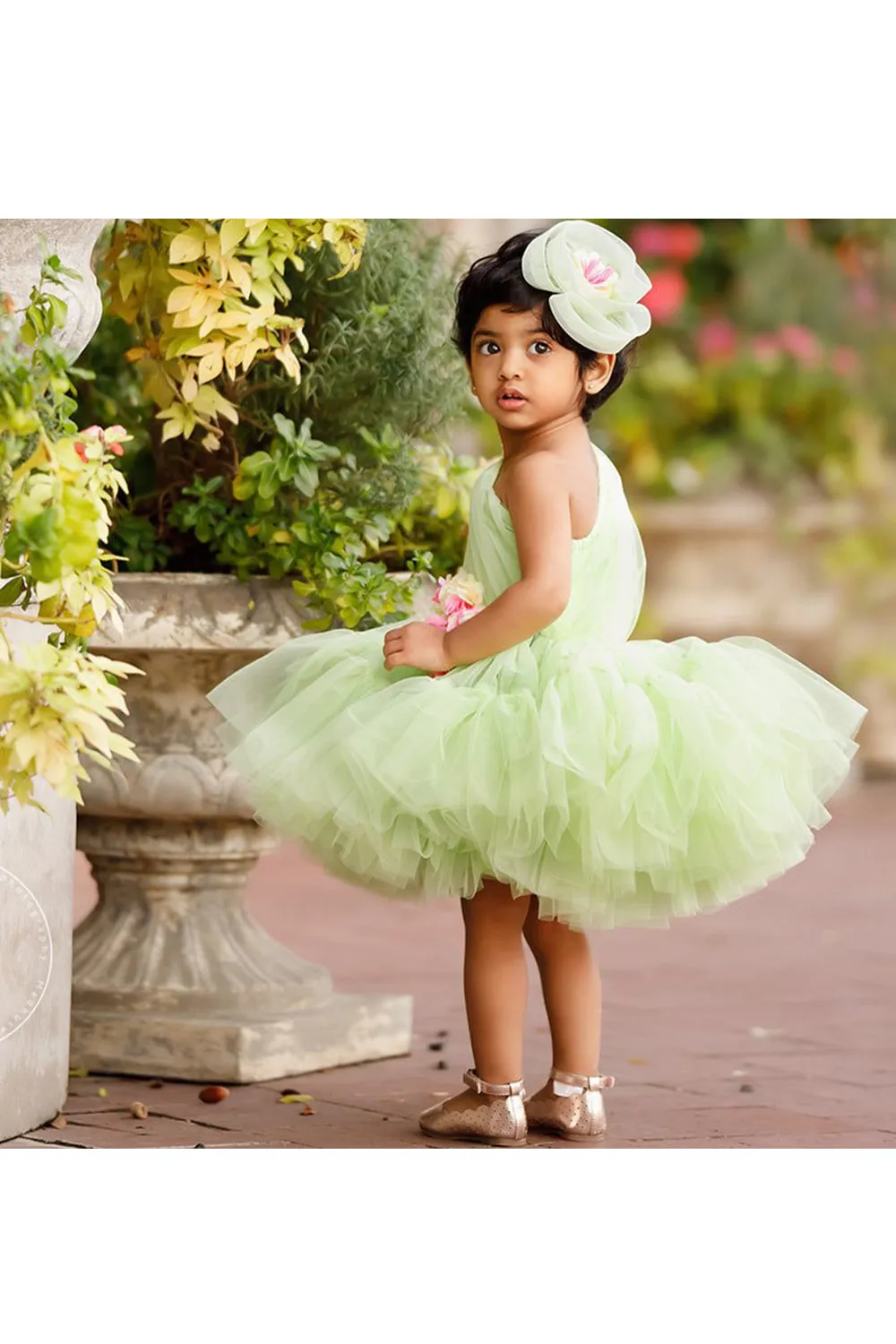 Pastel Green One Shoulder Flower Dress