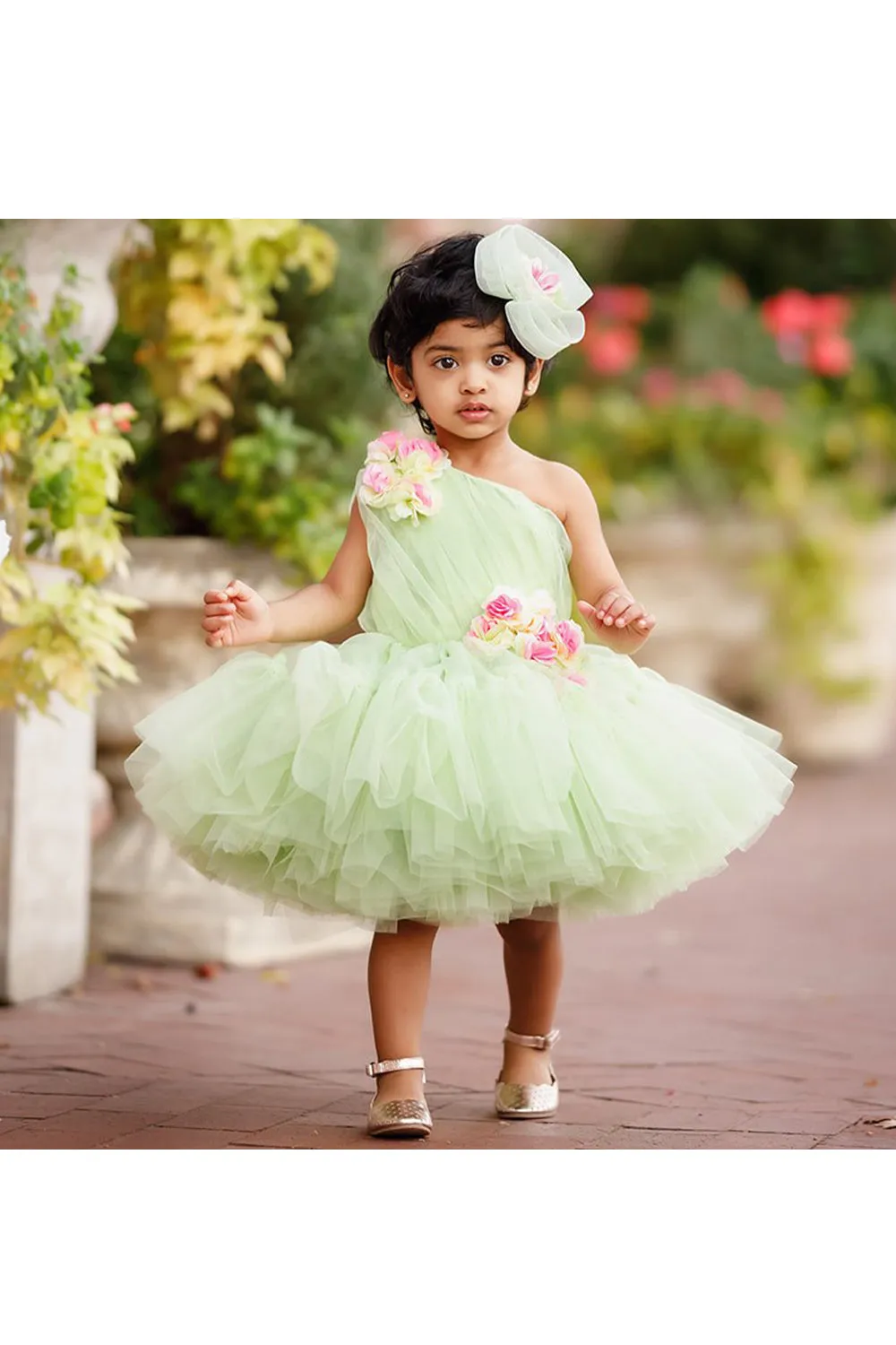 Pastel Green One Shoulder Flower Dress