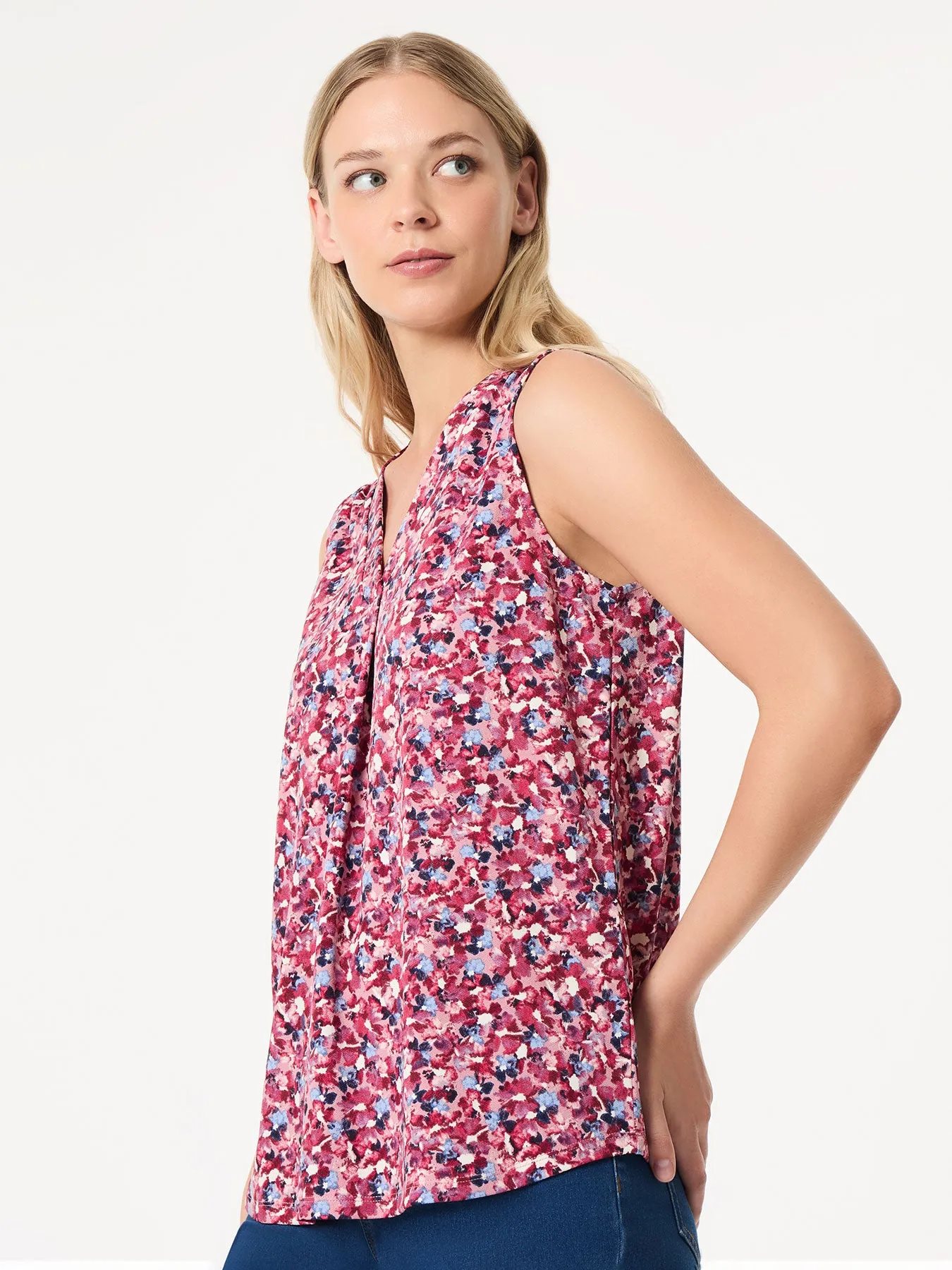 Printed Sleeveless V-Neck Top, Moss Crepe