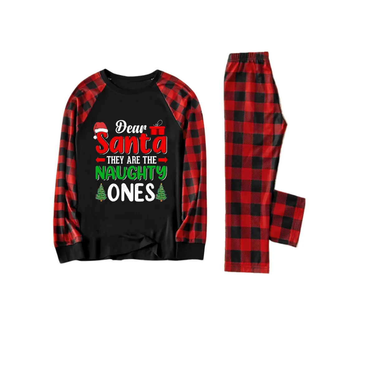 "Dear Santa They are The Naughty Ones" Slogan Printed Black and Red Plaid Christmas Matching Pajamas