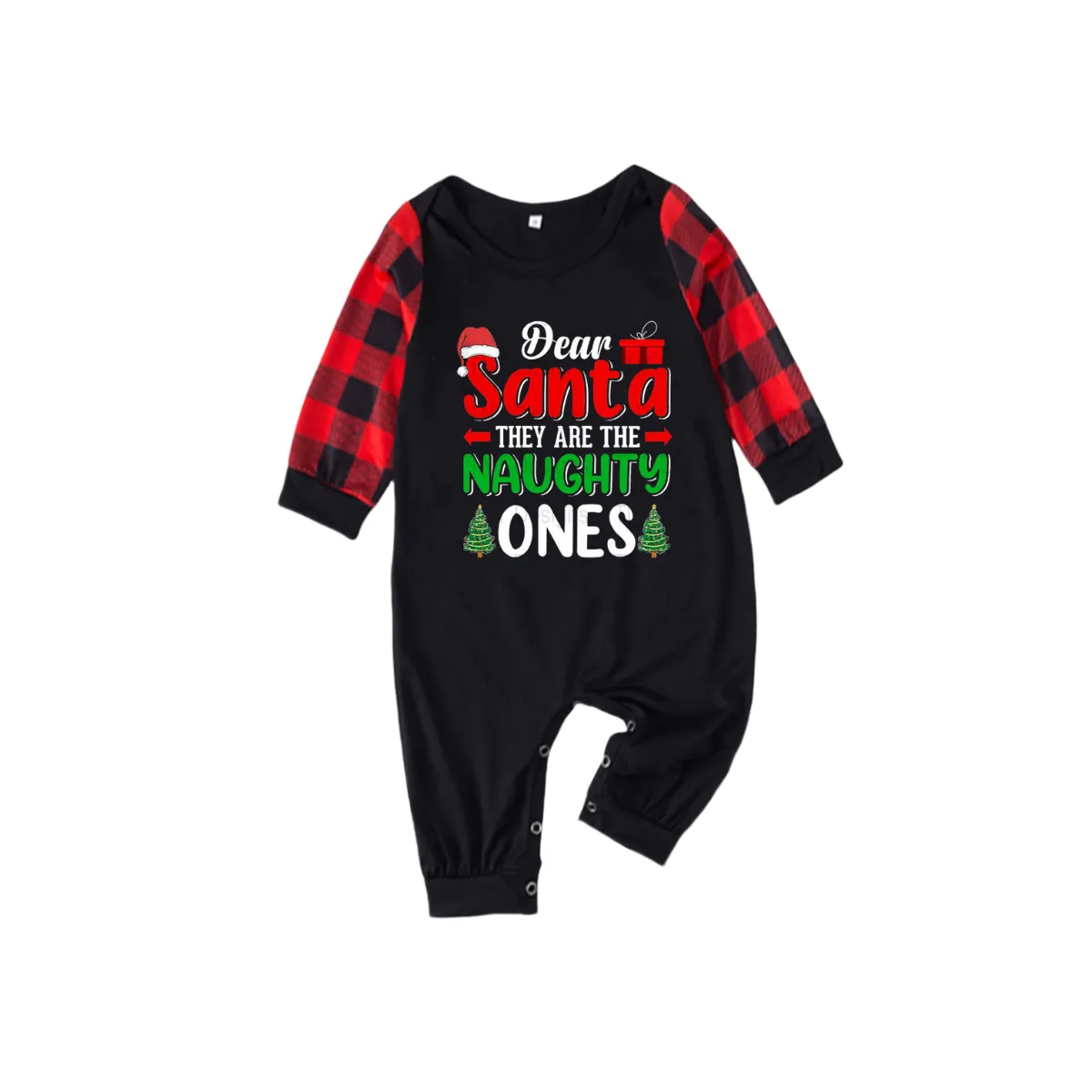 "Dear Santa They are The Naughty Ones" Slogan Printed Black and Red Plaid Christmas Matching Pajamas