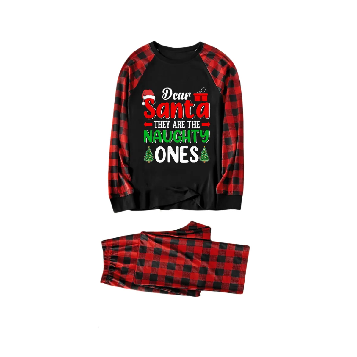 "Dear Santa They are The Naughty Ones" Slogan Printed Black and Red Plaid Christmas Matching Pajamas