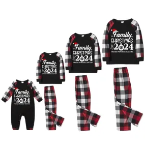 "FAMILY 2024CHRISTMAS  MAKING MEMORIES TOGETHER " Text And Santa Hat Printed Pattern- Black Top with Red&Black&White Plaid Sleeves - Family Matching Pajamas