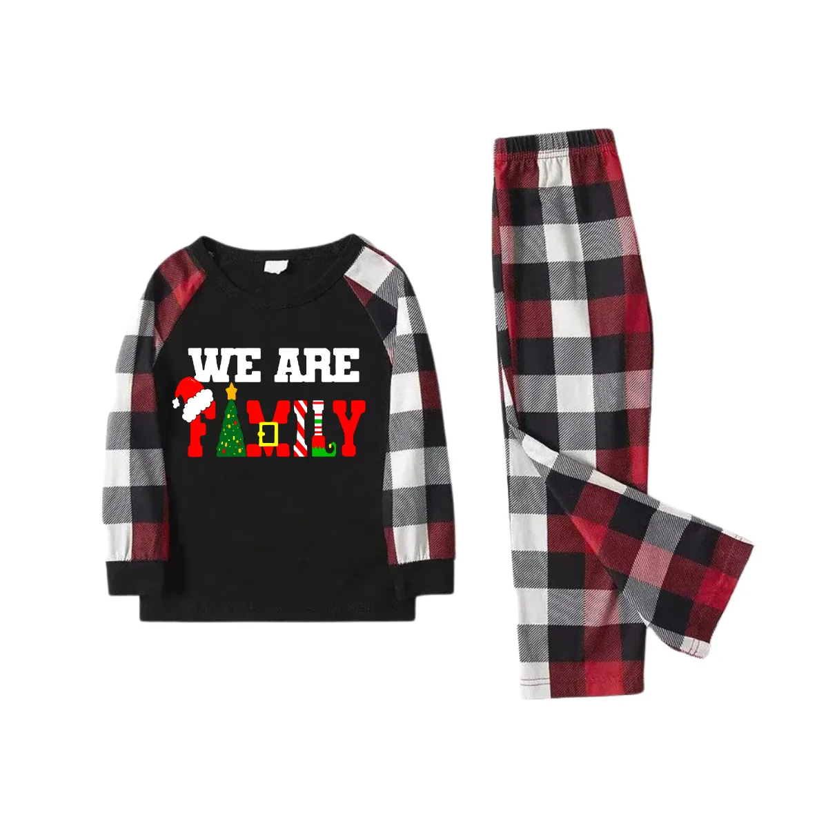 "We are Family" Text Prints Red & Black & Grey & White Plaid Family Matching Pajamas