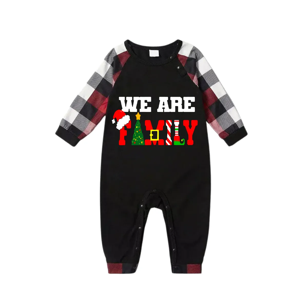 "We are Family" Text Prints Red & Black & Grey & White Plaid Family Matching Pajamas