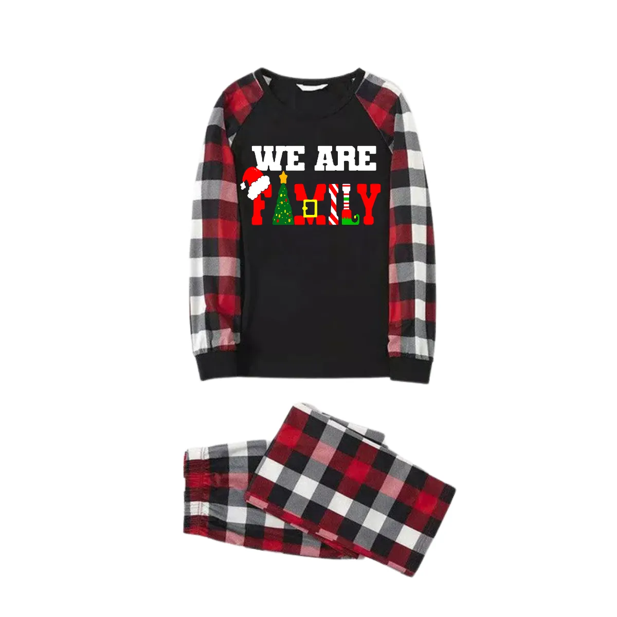 "We are Family" Text Prints Red & Black & Grey & White Plaid Family Matching Pajamas