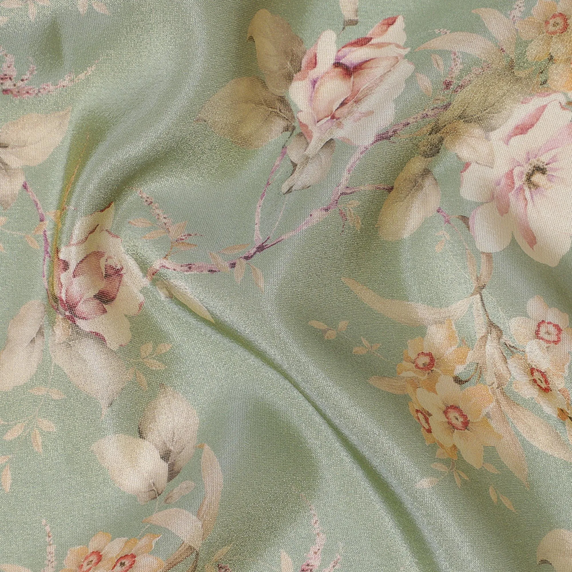 Sage Garden Organza Fabric - Vintage Floral Print, 110cm Width, Soft Pastel Elegance-D18948