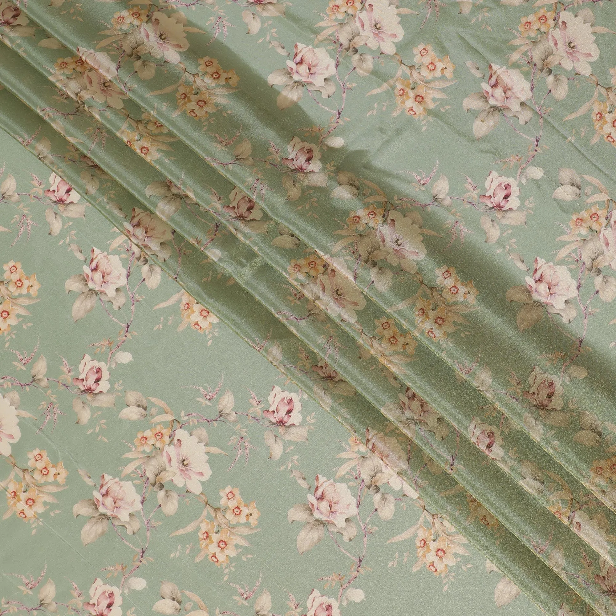 Sage Garden Organza Fabric - Vintage Floral Print, 110cm Width, Soft Pastel Elegance-D18948