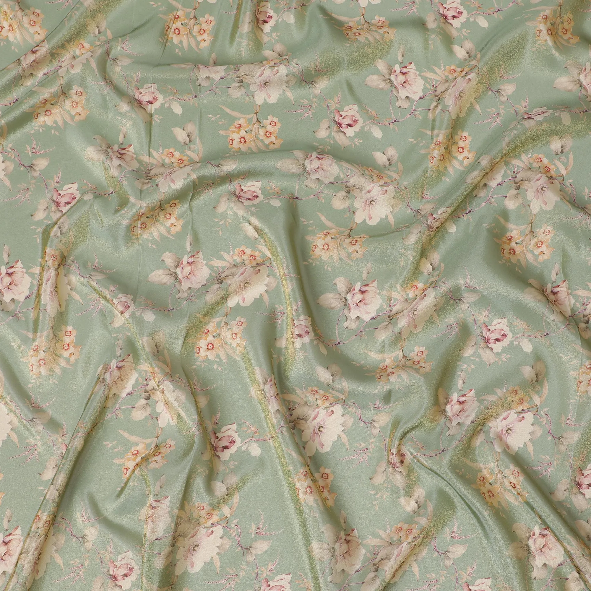 Sage Garden Organza Fabric - Vintage Floral Print, 110cm Width, Soft Pastel Elegance-D18948