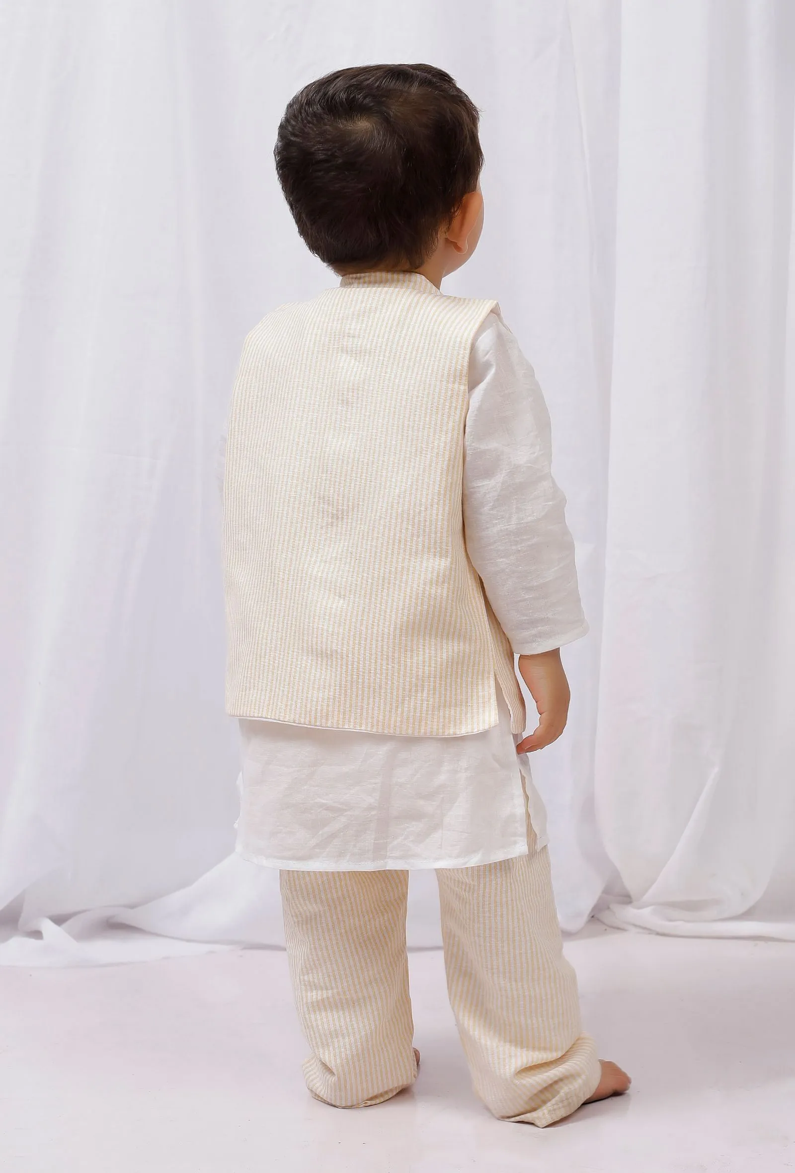 Set of 3: White Cotton Kurta and Pajama with Yellow Striped Nehru Jacket