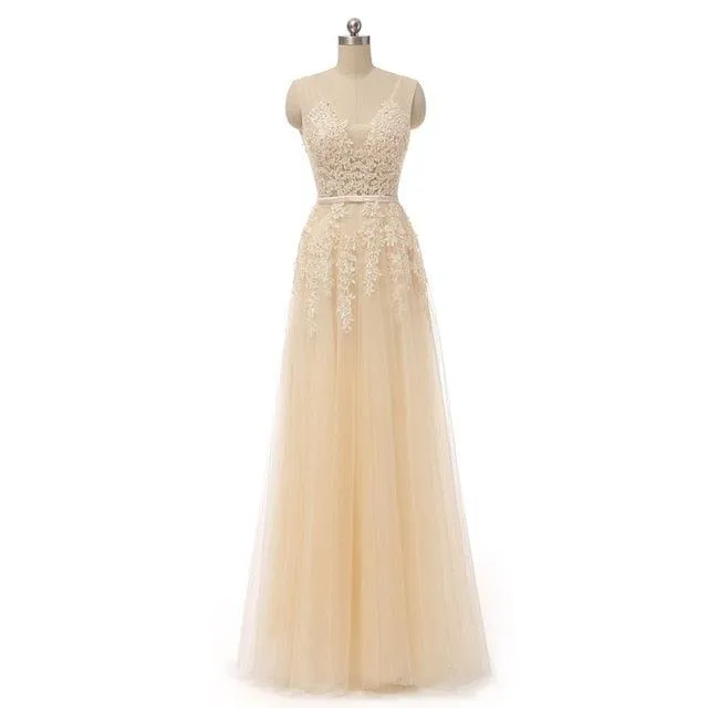 Sexy V- Neck Tulle With Applique Evening Dress