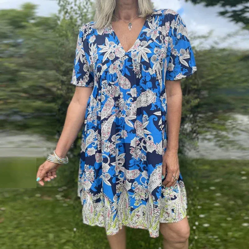 Short Sleeve A-line Elegant Printed V-neck Slim V-Neck Summer Floral Bohe Dress