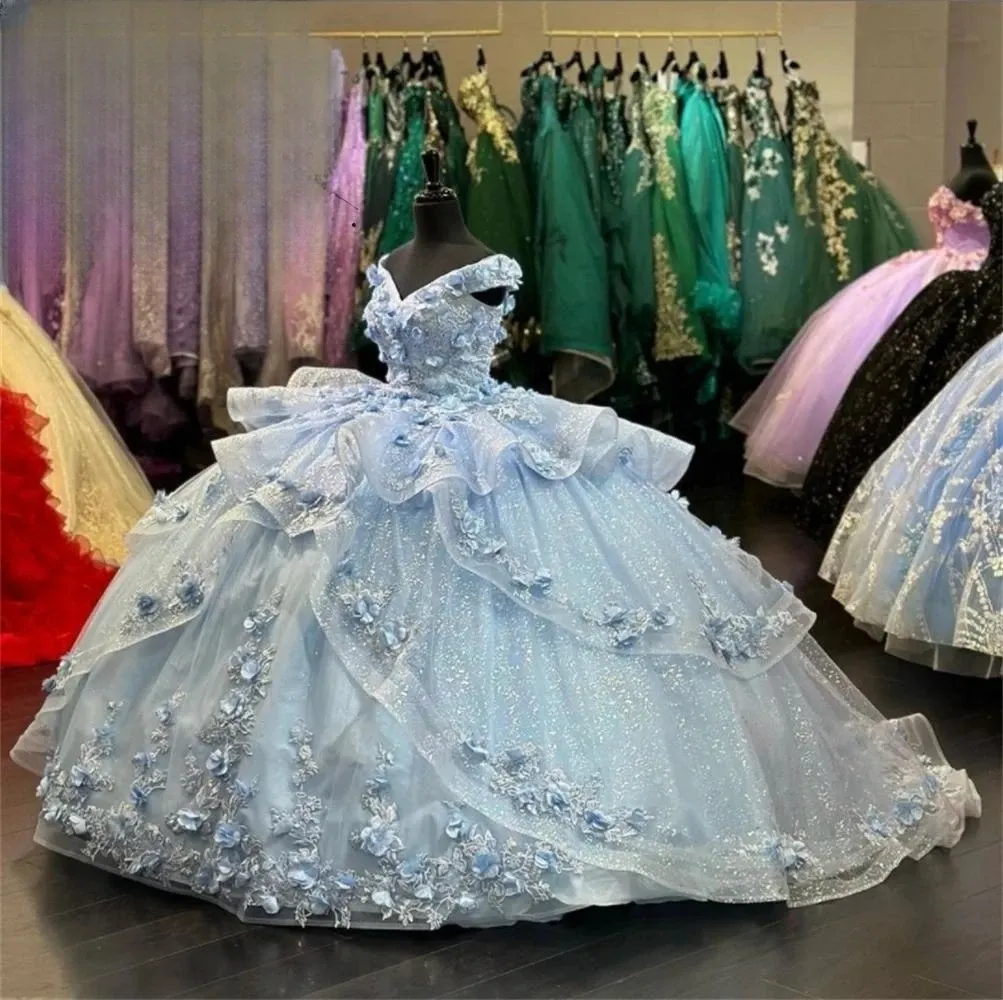 Sky Blue Sparkly Quinceanera Dresses Ball Gown Off The Shoulder Tulle Floral Sweet 16 Dresses 15 Años Mexican