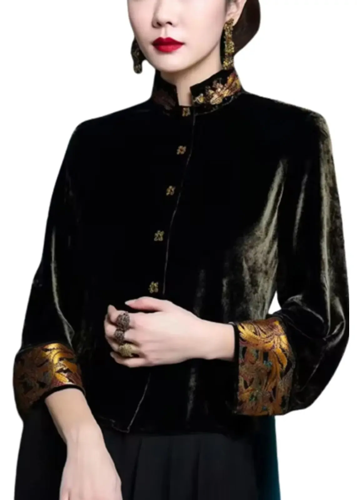 Stand Collar Button Silk Velour Coats Fall