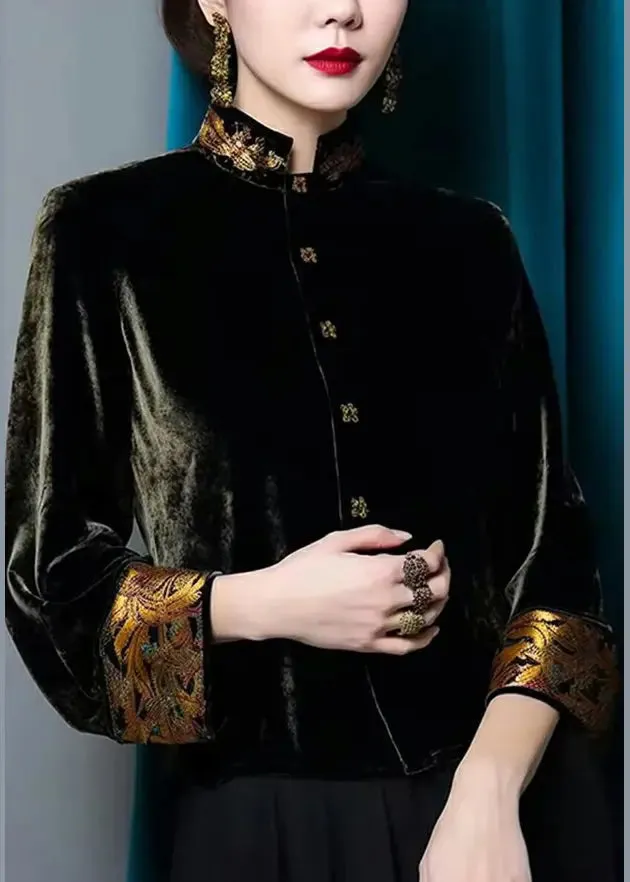 Stand Collar Button Silk Velour Coats Fall