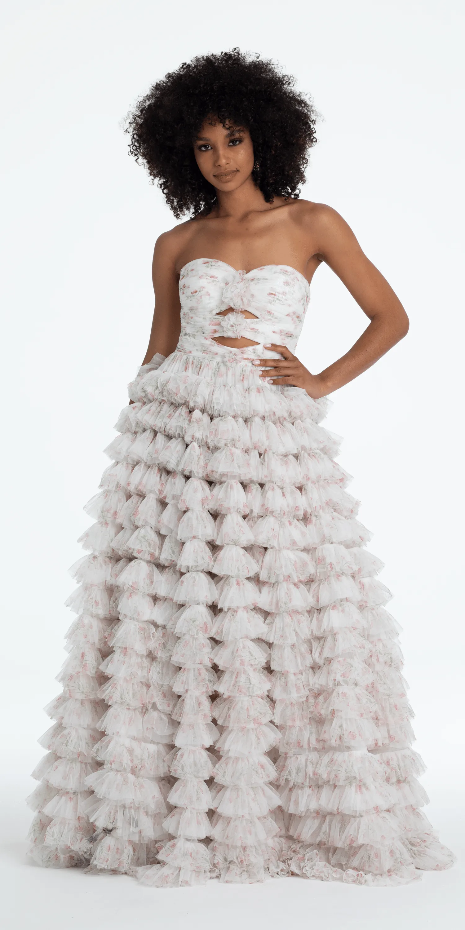 Sweetheart Triple Rose Peek-a-Boo Floral Mesh Tiered Ballgown