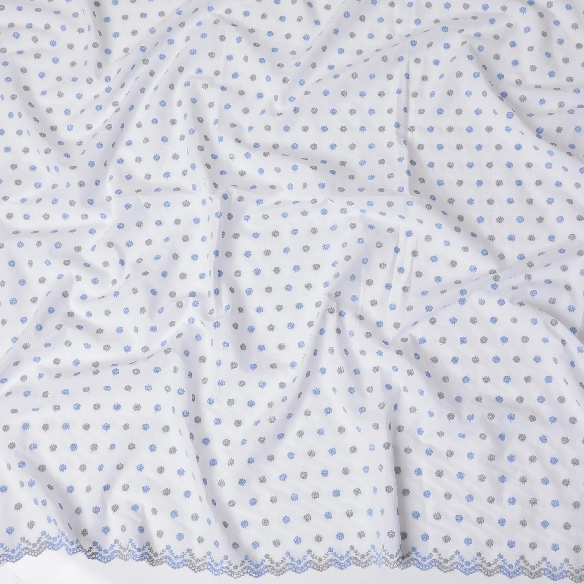 White Cotton Voile Fabric with Blue and Grey Floral Embroidery, 110 cm Width-D20127