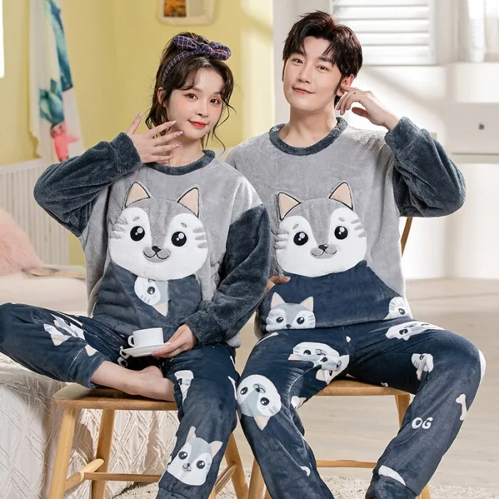 Winter Couple Pajama Set with Cartoon Print