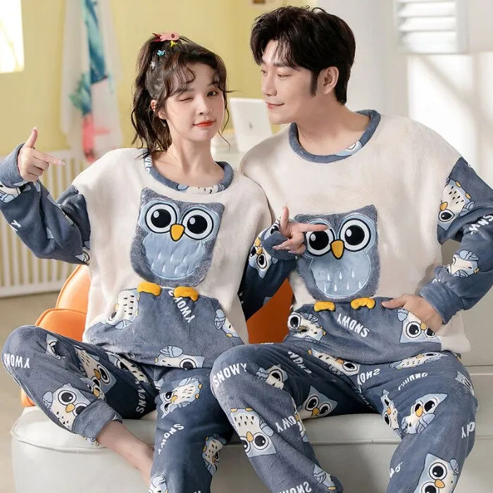 Winter Couple Pajama Set with Cartoon Print