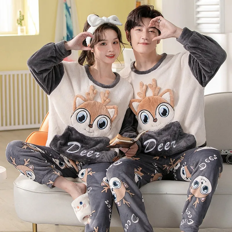 Winter Couple Pajama Set with Cartoon Print