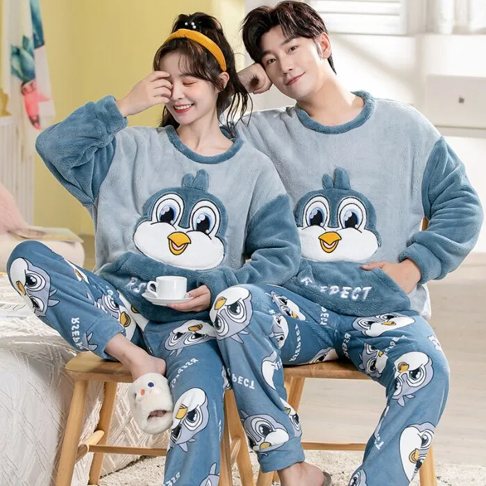 Winter Couple Pajama Set with Cartoon Print