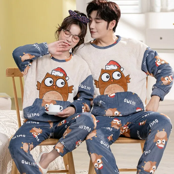 Winter Couple Pajama Set with Cartoon Print