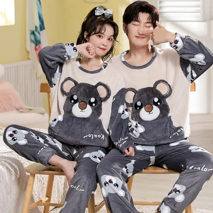 Winter Couple Pajama Set with Cartoon Print