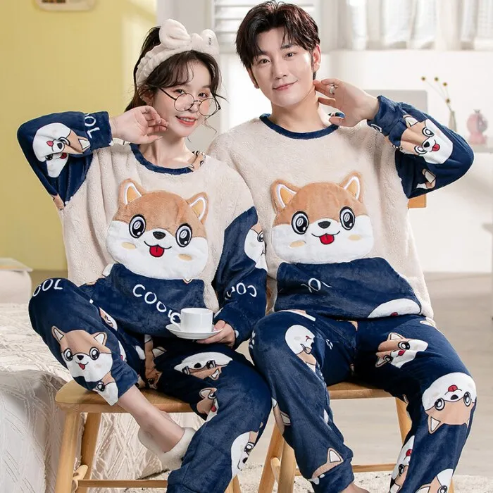 Winter Couple Pajama Set with Cartoon Print