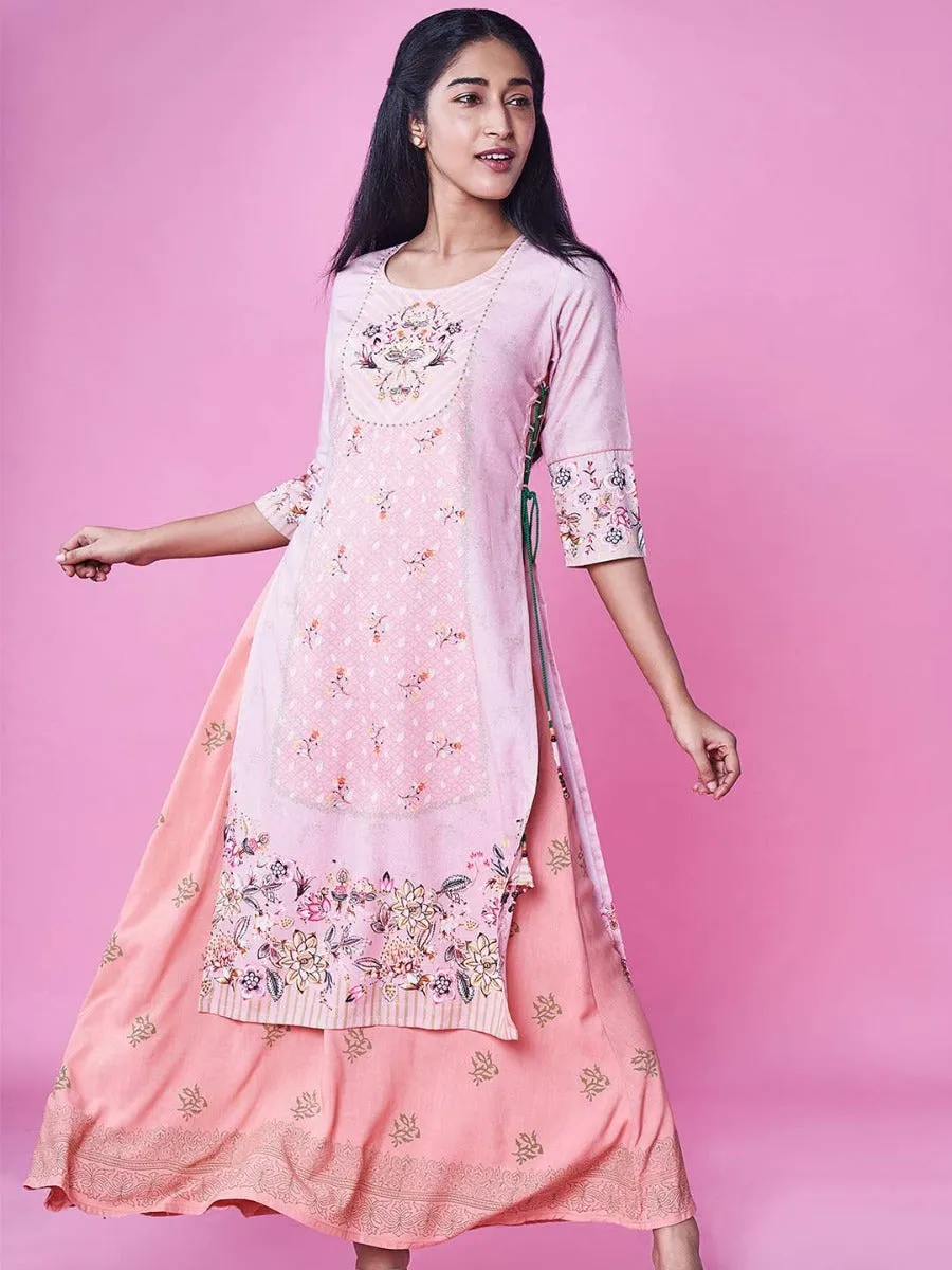 Women Pastel Pink 3-4 Sleeve Printed Layered Dress