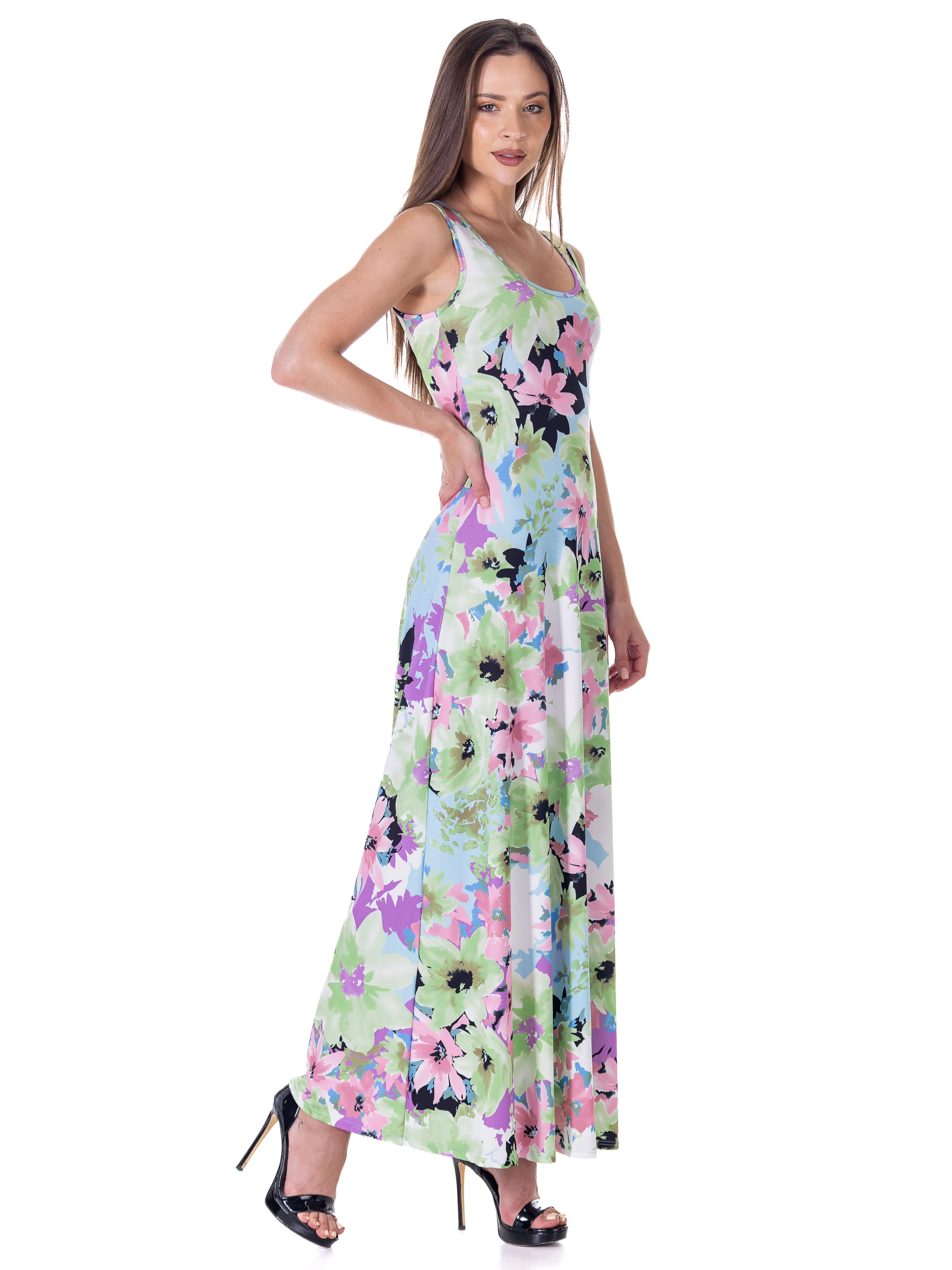 Womens Pastel Floral Scoop Neck A Line Sleeveless Maxi Dress