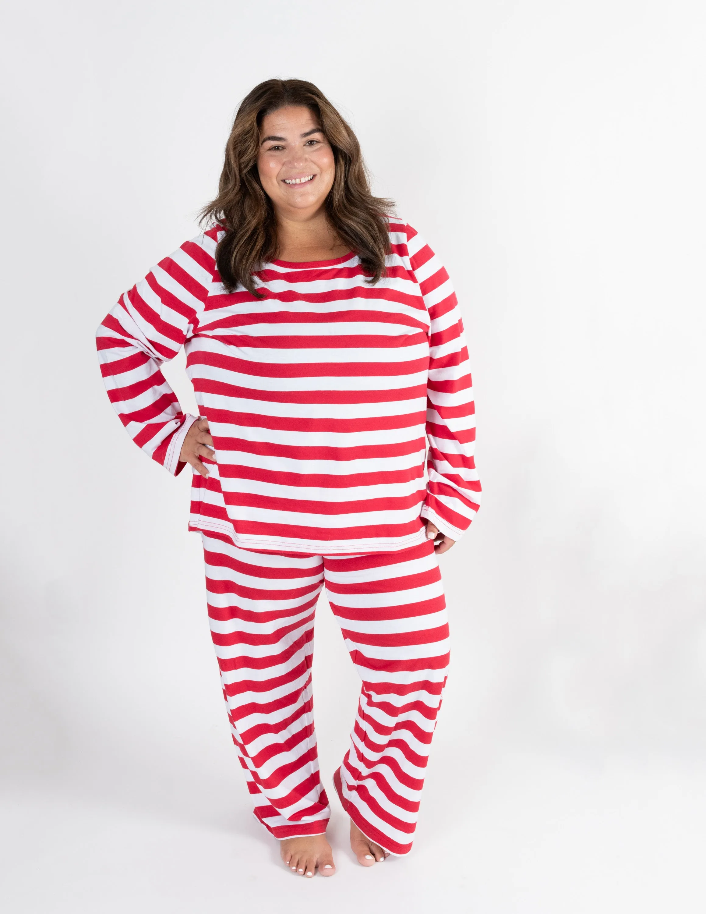 Women's Two Piece Red & White Stripes Cotton Pajamas