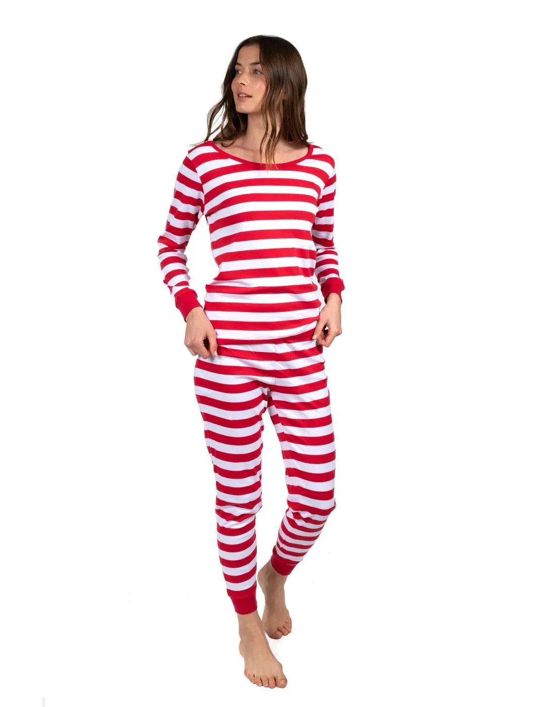 Women's Two Piece Red & White Stripes Cotton Pajamas