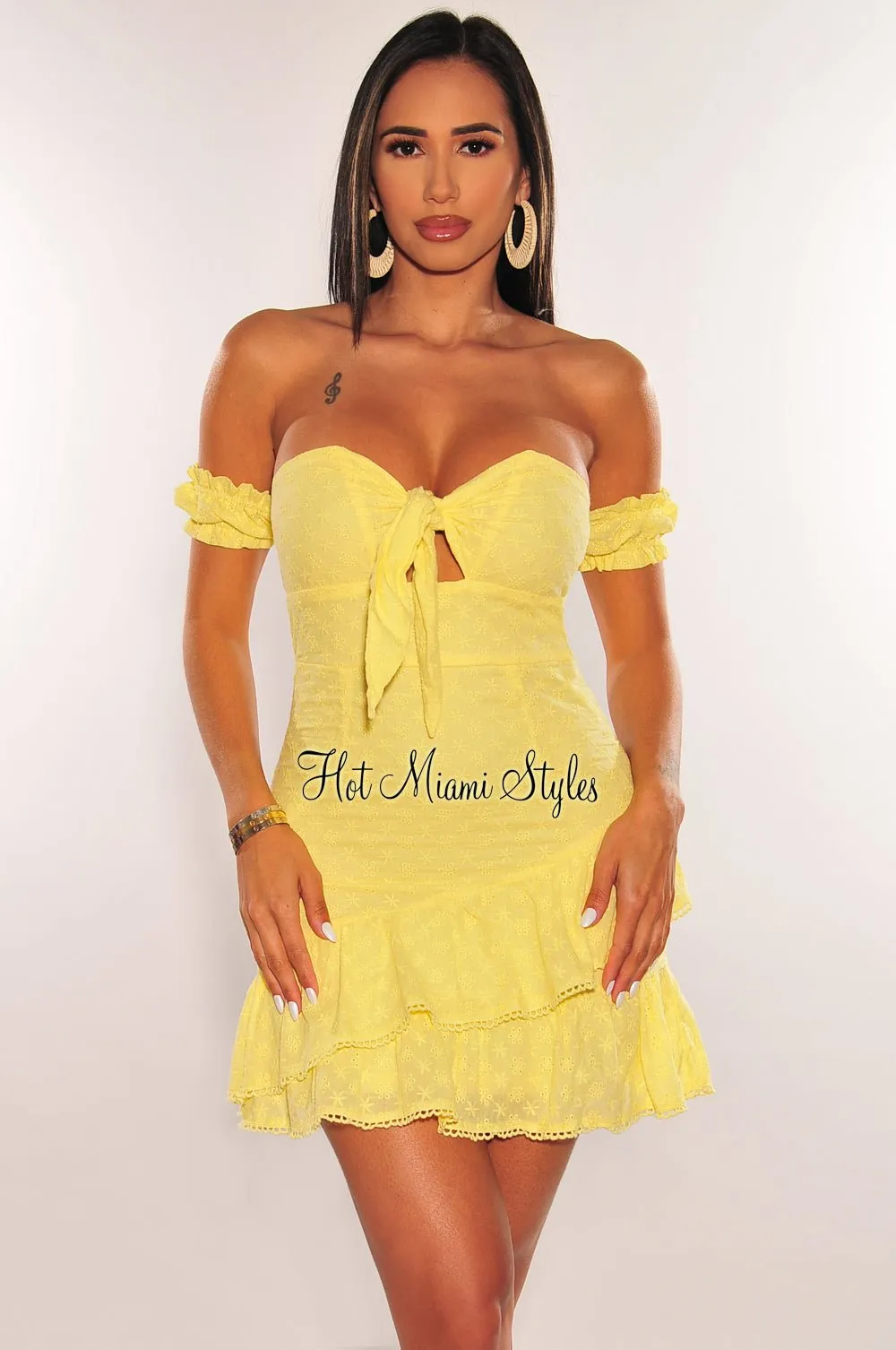 Yellow Floral Embroidered Off Shoulder Ruffle Cut Out Tie Up Mini Dress